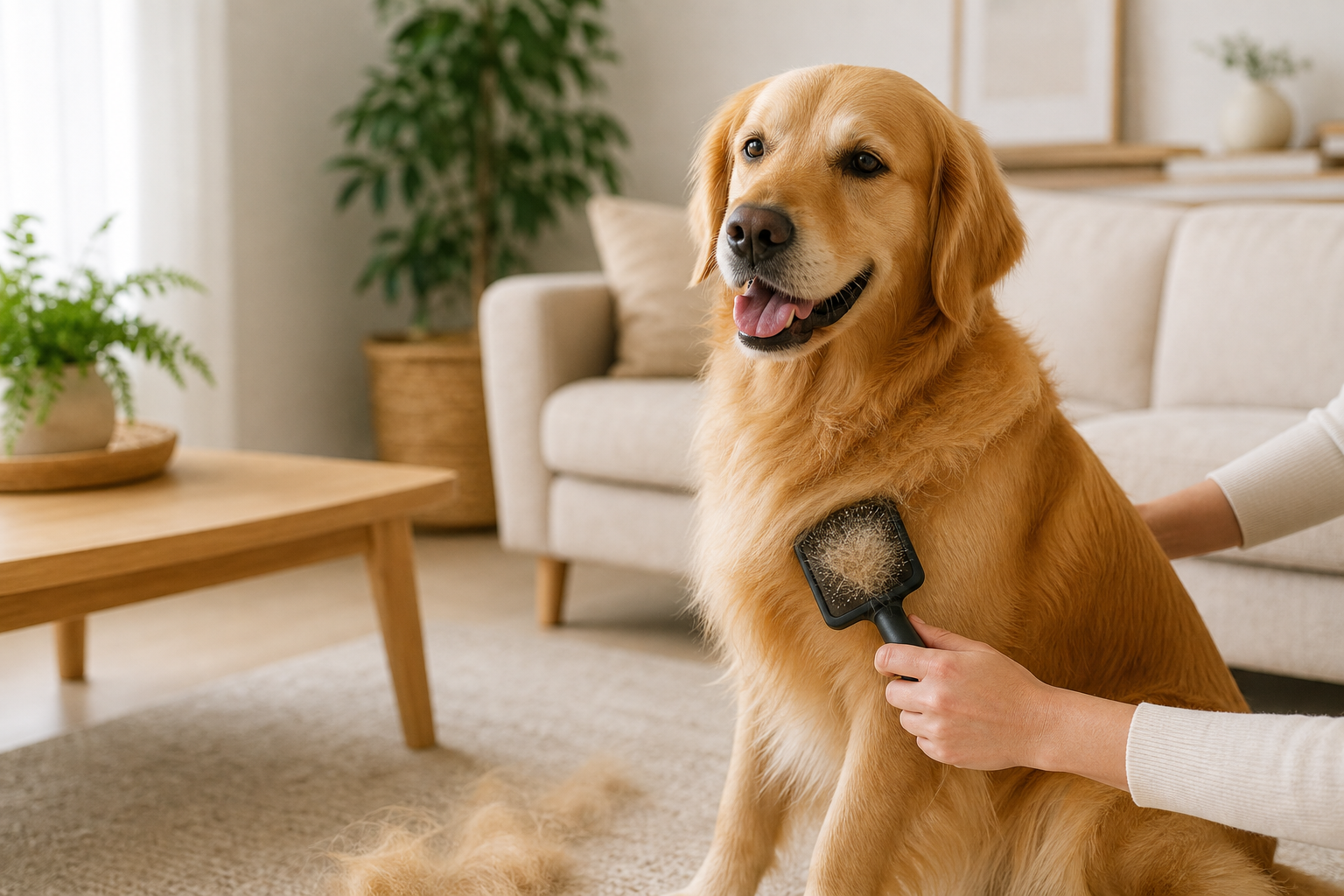 Golden retriever being brushed to manage normal shedding