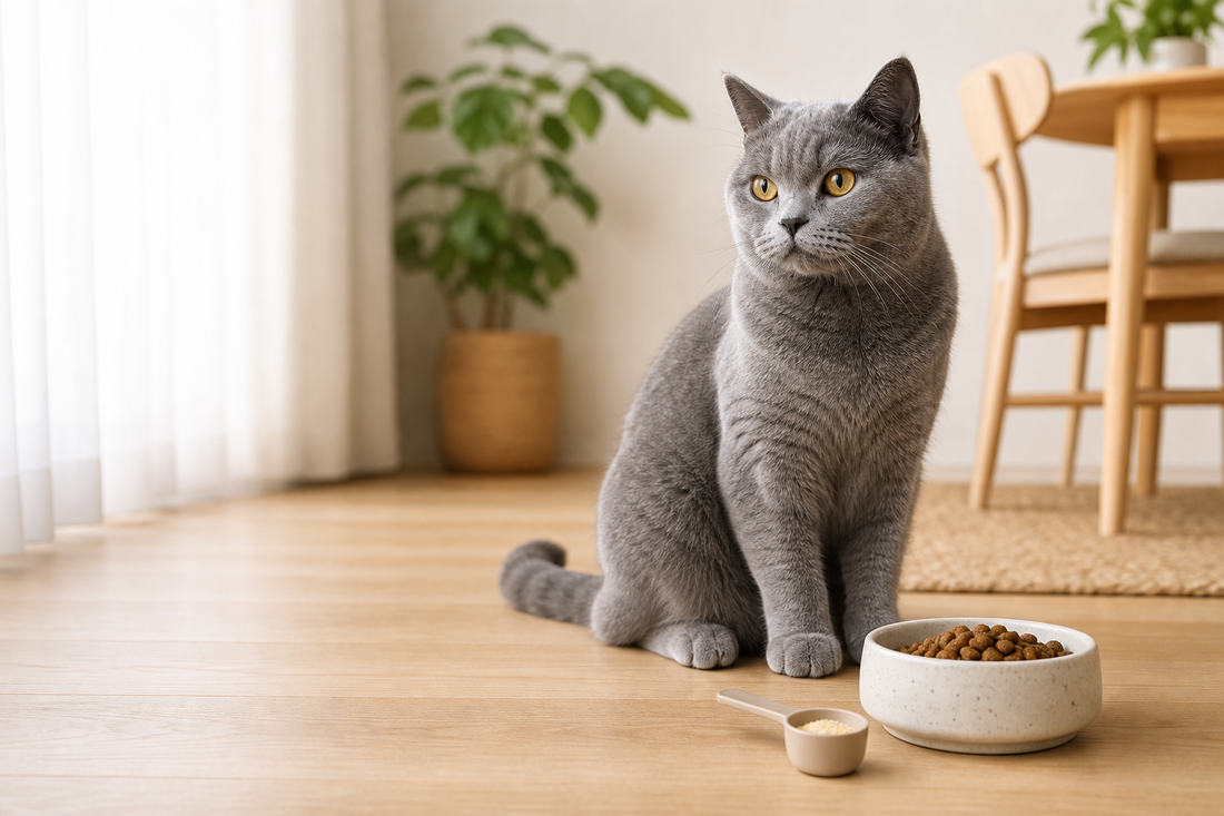 Healthy cat beside complete cat food and a measured multivitamin powder supplement