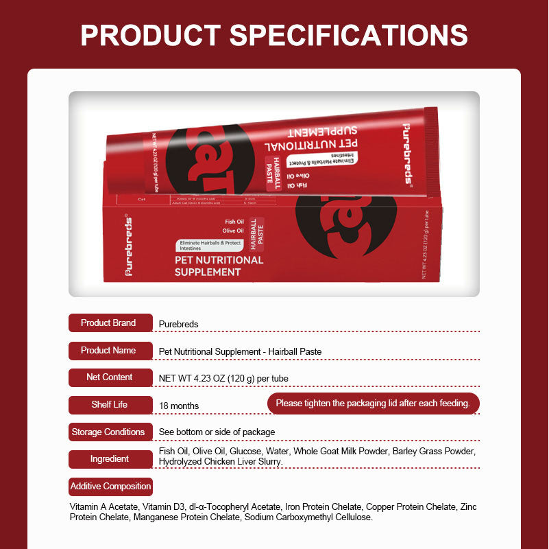 product specifications for Purebreds Cat Hairball Care Paste