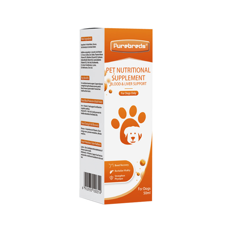Purebreds Blood-Tonifying Nutritional Supplement for Dogs product package label and details