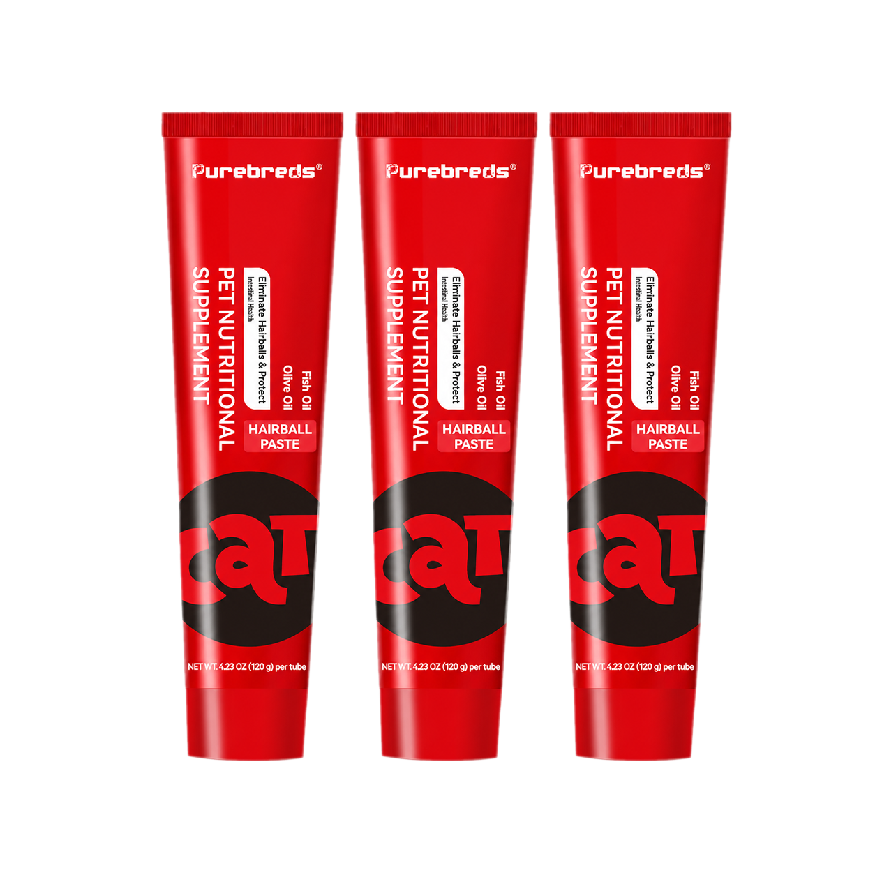three tubes of Purebreds Cat Hairball Care Paste