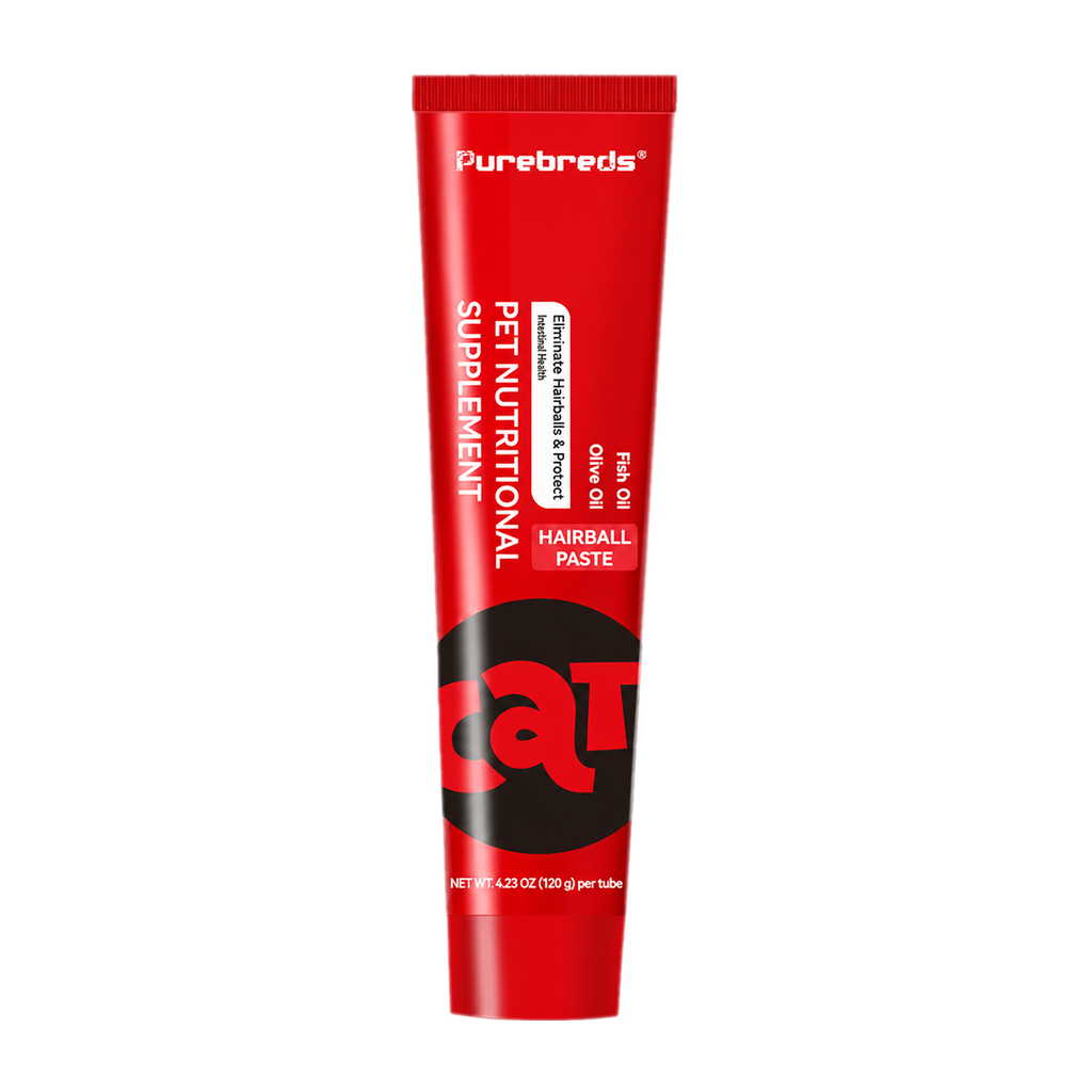 Purebreds Cat Hairball Care Paste tube on black background