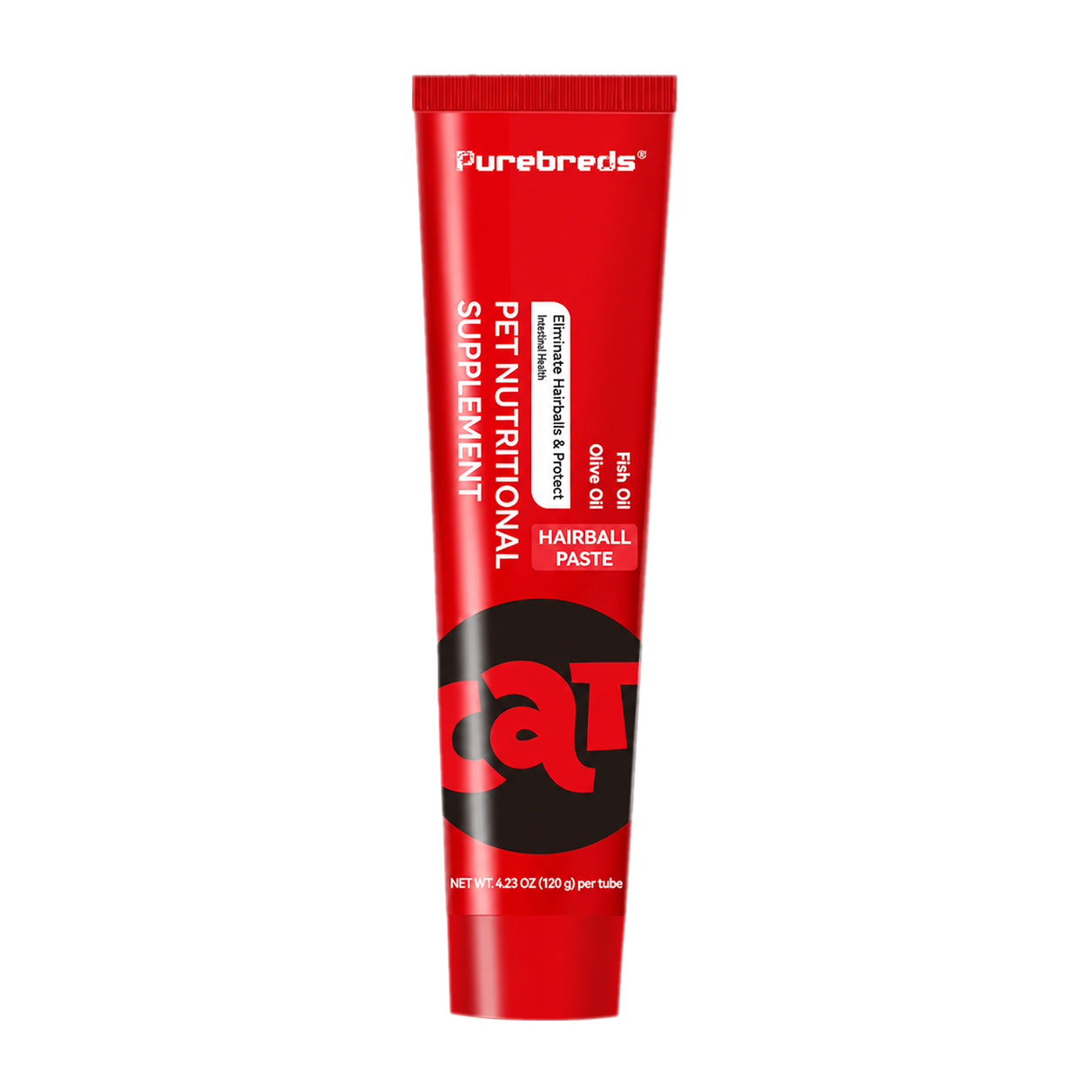 Purebreds Cat Hairball Care Paste tube on black background